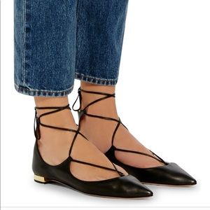 Aquazzura Christy Lace-Up Pointed-Toe Flat, Black